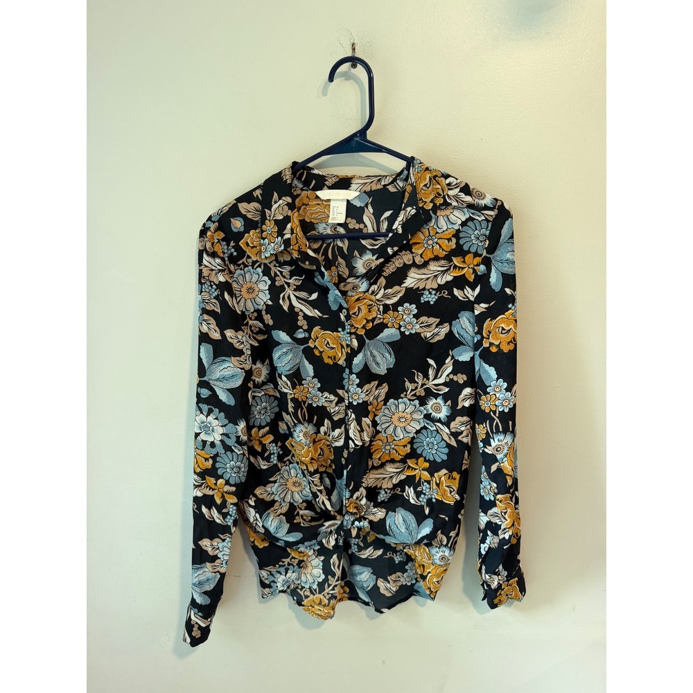 H&M‎ Conscious Floral Twist Front Button Down Blouse Black Yellow Blue Size 6